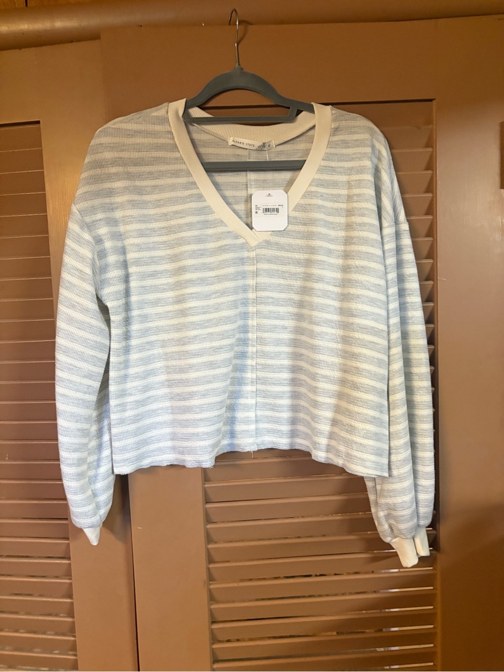 Altar'd State Light Grey and White Striped V-Neck Pullover